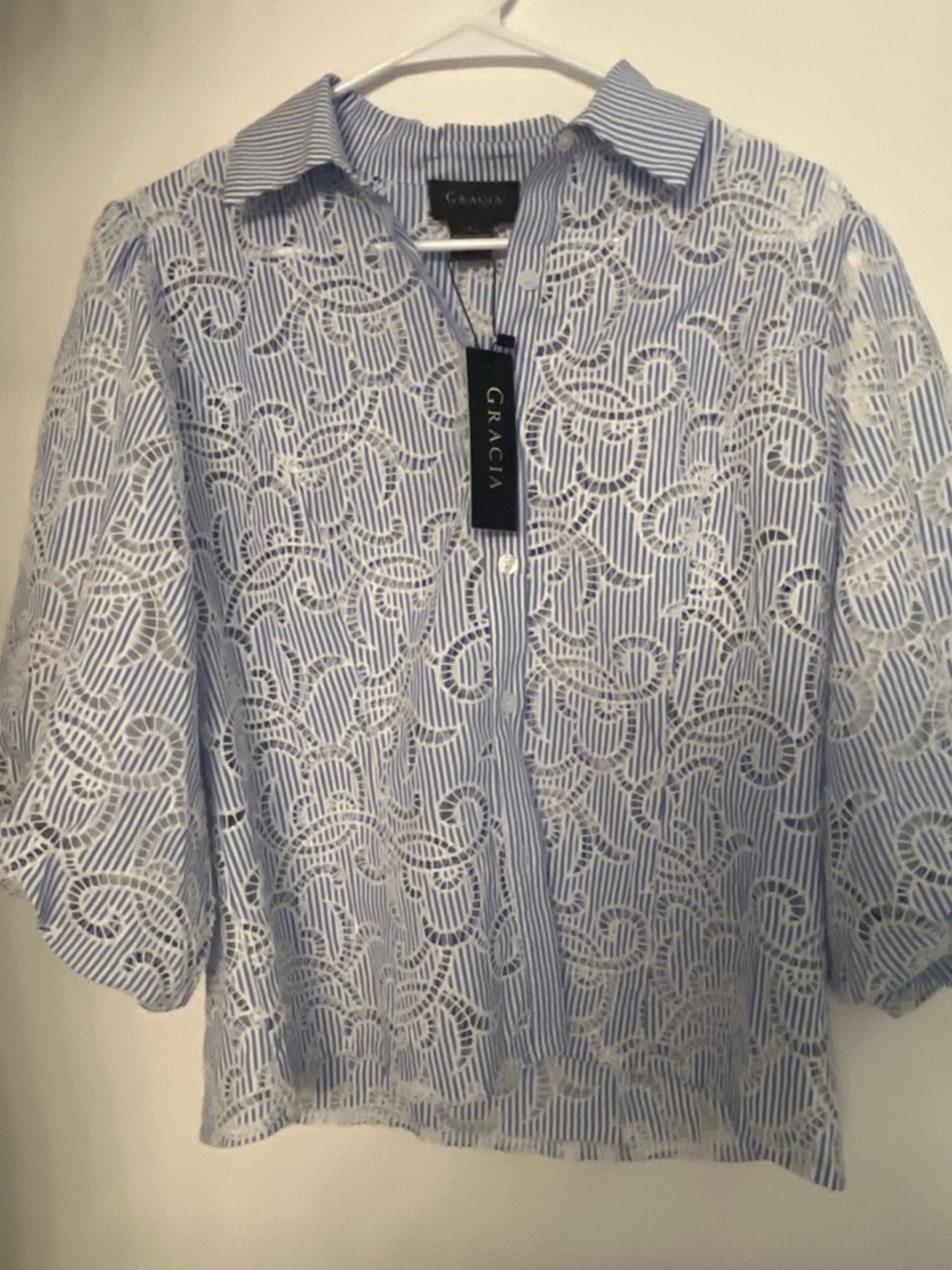 Gracia Blue and White Striped Lace-Overlay Button-Down Shirt